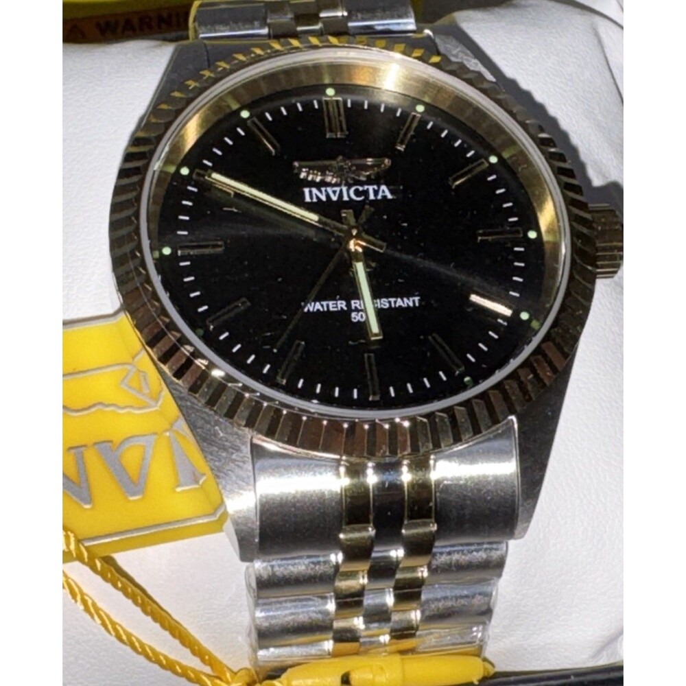 Invicta Men’s Two-Tone SS Quartz Watch Black/Gold Dial 50m w/Box Stainless Band